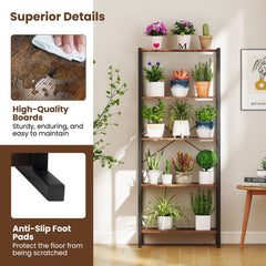 Industrial 5 Shelf Open Bookcase, Rustic Brown Wood with Black Metal Frame