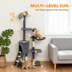 53" Cat Tree Tower, Kitten Activity Centre with Scratching Posts, Condo, Perches, Ladder, Hammock, Dangling Toys, Grey