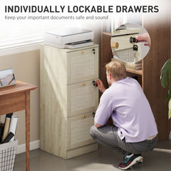 2 Drawer Filing Cabinet with Lock, Boho File Cabinet for A4 Letter Size Files with Decorative Rattan Accents, Oak