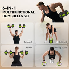 6-in-1 Adjustable Dumbbell Set, Used as Kettlebell, Barbell, Dumbbell, Push-Up Stand, 44lbs Free Weights Set, Blue