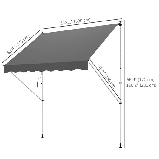 10x5ft Manual Retractable Awning, Patio Sun Shade Canopy Shelter with 5.6-9.2ft Support Pole, Water Resistant UV Protector, for Window, Door, Porch, Deck, Grey