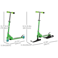 Snow Scooter, 2 in 1 Design Adjustable Height Scooter Snow Sled for Kids Aged Over 7 Years Old, Foldable Kids Sled Ski Scooter with Wheels Blades, Green