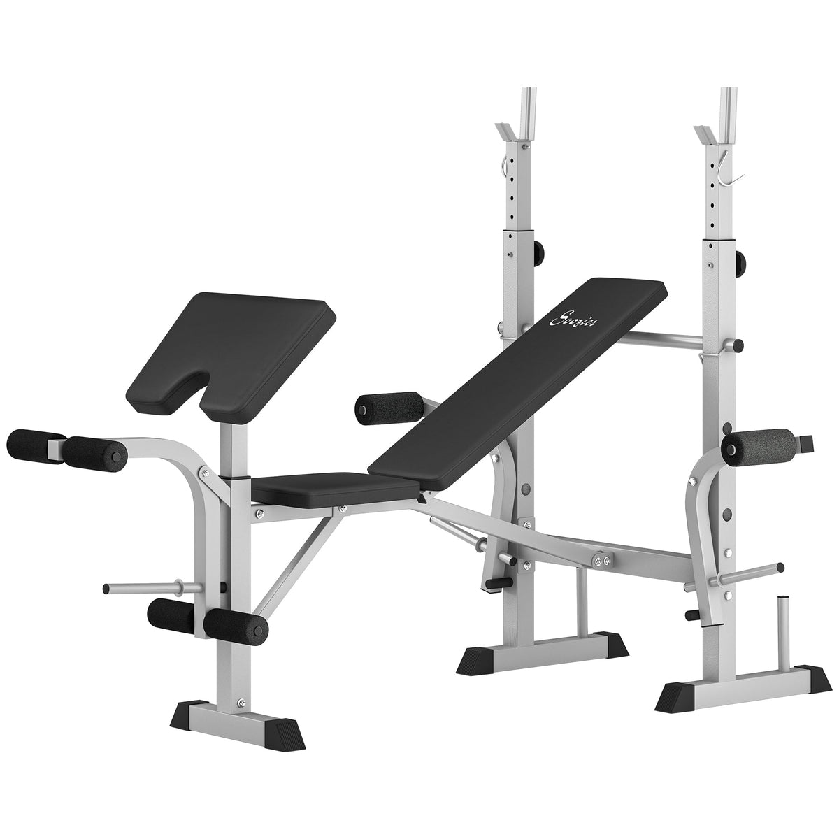 Bench Press Set Adjustable Weight Bench with Squat Rack, Preacher Curl Pad, Leg Developer and Weight Storage, White