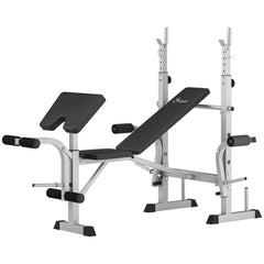 Bench Press Set Adjustable Weight Bench with Squat Rack, Preacher Curl Pad, Leg Developer and Weight Storage, White