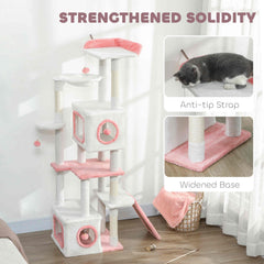 65 Inch Cat Tree with 2 Doors Condos, Plush Top Perch, Hammock, Sisal Scratching Posts, 4 Pompoms, Ramp, Grey