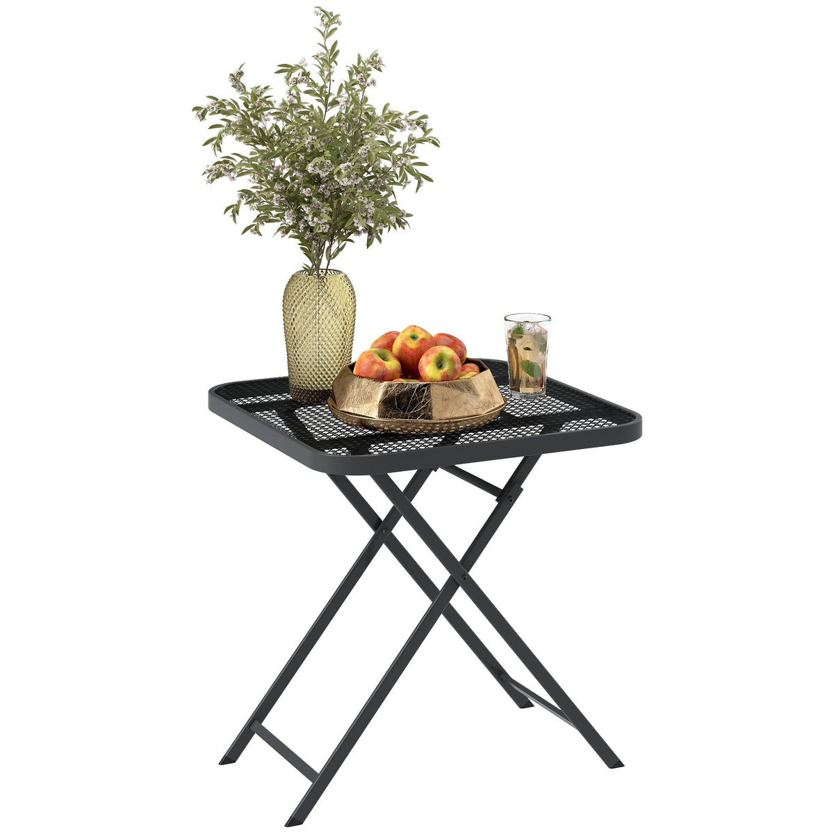 27.5" Square Outdoor Patio Table, Outdoor Folding Table with Grid Rattan-Like Top for Camping, Picnic, Black