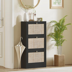 Rattan Shoe Storage Cabinet with 3 Flip Drawers and Adjustable Shelves, Entryway Shoe Cabinet for 18 Pairs, Oak