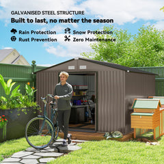 9' x 10.6' Garden Storage Shed w/ Foundation Kit Metal Tool Storage House w/ Double Doors Brown