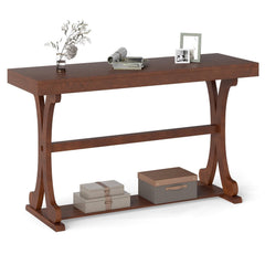 Narrow Console Table Vintage 52 Inch Long with Open Storage Shelf-Walnut