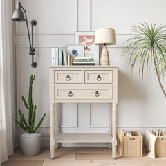 Narrow Console Table with 3 Storage Drawers and Open Bottom Shelf-Beige