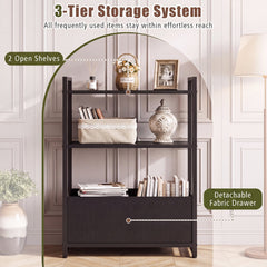 Narrow End Table with Storage Shelves and Metal Frame-Black