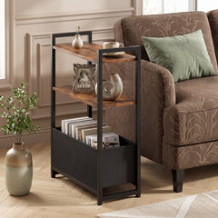 Narrow End Table with Storage Shelves and Metal Frame-Rustic Brown