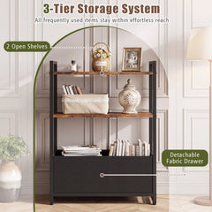 Narrow End Table with Storage Shelves and Metal Frame-Rustic Brown
