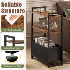 Narrow End Table with Storage Shelves and Metal Frame-Rustic Brown