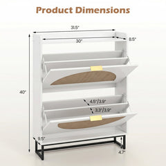 Narrow Shoe Storage Cabinet with 2 Flip Drawers and Adjustable Shelves-White