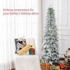 6ft Pencil Flocked Artificial Christmas Tree with 600 Branch Tips, Auto Open and Steel Base, Green