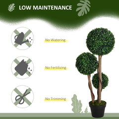 35 Inch Potted Fake Plant, Artificial Boxwood Topiary Tree, Triple Ball Tree for Indoor and Outdoor, Dark Green