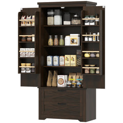 Farmhouse Kitchen Pantry Storage Cabinet, 64" Freestanding Kitchen Pantry Cabinet with Drawers, Distressed Black
