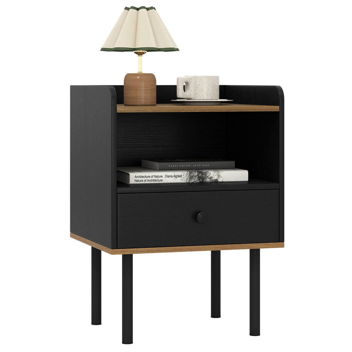 Nightstand and Bedside End Table with Drawer and Open Shelf