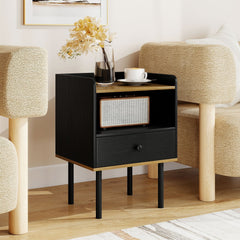 Nightstand and Bedside End Table with Drawer and Open Shelf