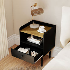 Nightstand and Bedside End Table with Drawer and Open Shelf
