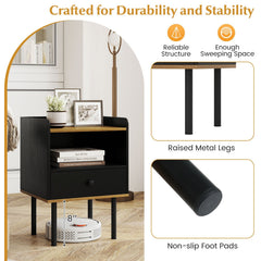 Nightstand and Bedside End Table with Drawer and Open Shelf