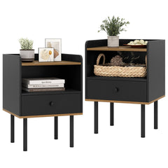 Set of 2 Bedside End Tables with Drawer and Open Shelf