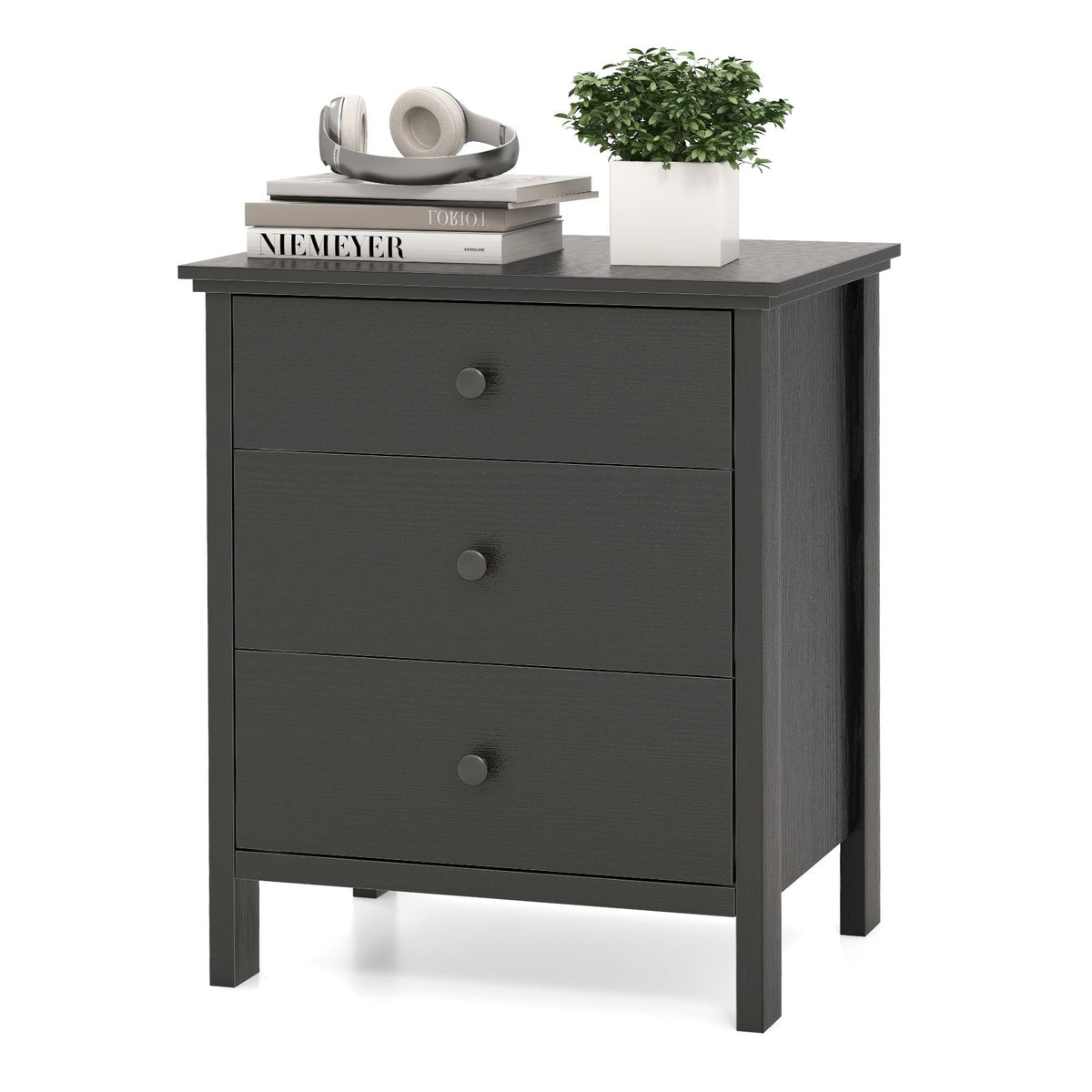 3-Drawer Wooden Nightstand, Modern Bedside Table in Black