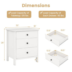 3-Drawer Wooden Nightstand, Modern Bedside Table in White