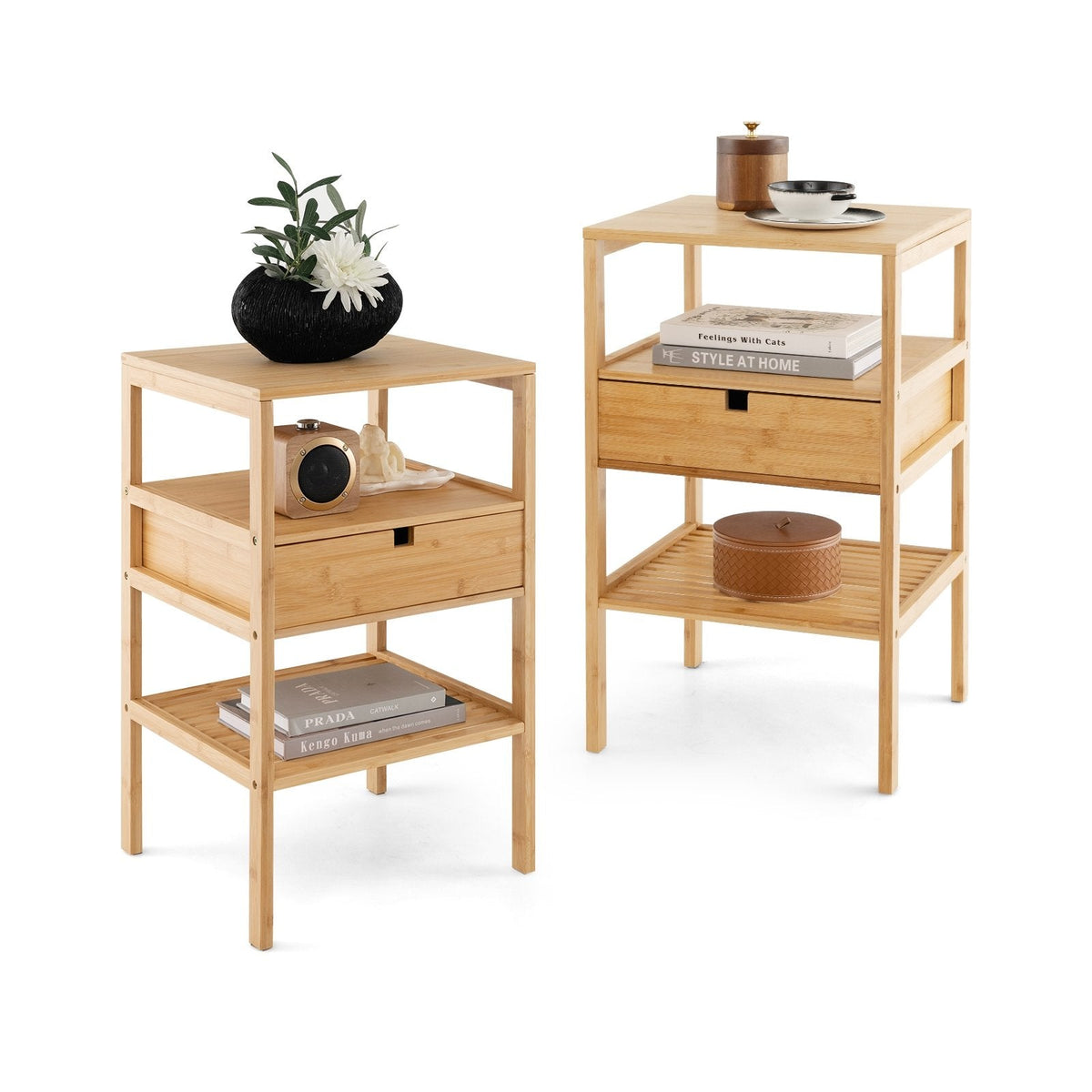 Nightstand Set of 2 Bamboo End Tables with 2 Open Shelves and Drawer