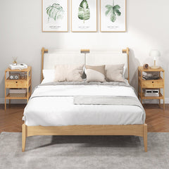 Nightstand Set of 2 Bamboo End Tables with 2 Open Shelves and Drawer
