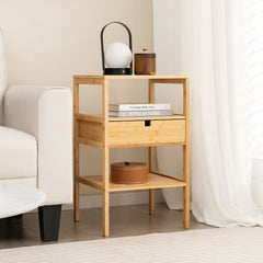 Nightstand Set of 2 Bamboo End Tables with 2 Open Shelves and Drawer