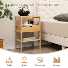 Nightstand Set of 2 Bamboo End Tables with 2 Open Shelves and Drawer