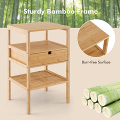 Nightstand Set of 2 Bamboo End Tables with 2 Open Shelves and Drawer
