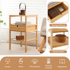Nightstand Set of 2 Bamboo End Tables with 2 Open Shelves and Drawer