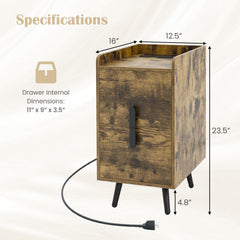 Nightstand Side Table with 2 Drawers, 3 Outlets and 2 USB Ports, Rustic Brown