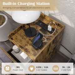 Nightstand Side Table with 2 Drawers, 3 Outlets and 2 USB Ports, Rustic Brown