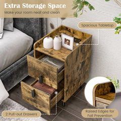 Nightstand Side Table with 2 Drawers, 3 Outlets and 2 USB Ports, Rustic Brown