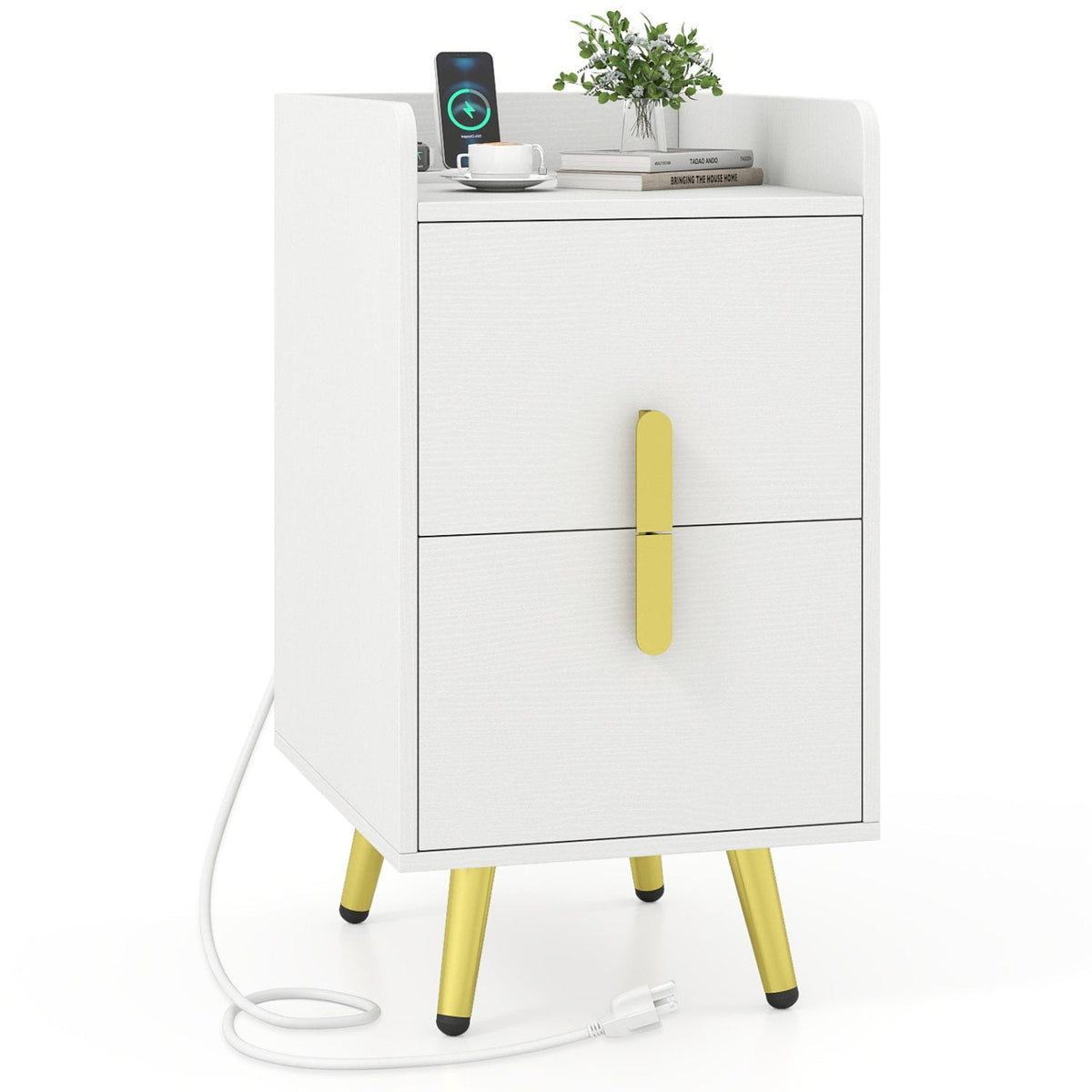 Nightstand Side Table with 2 Drawers and Built In Charging Station, White