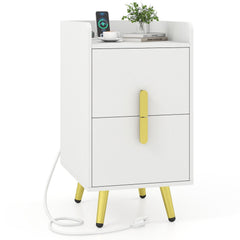 Nightstand Side Table with 2 Drawers and Built In Charging Station, White