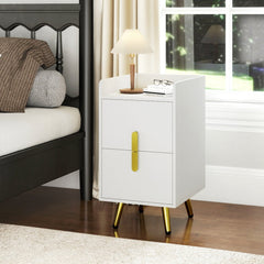 Nightstand Side Table with 2 Drawers and Built In Charging Station, White