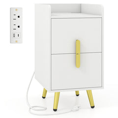Nightstand Side Table with 2 Drawers and Built In Charging Station, White