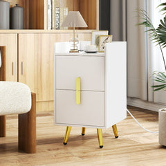 Nightstand Side Table with 2 Drawers and Built In Charging Station, White