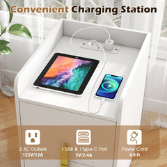 Nightstand Side Table with 2 Drawers and Built In Charging Station, White