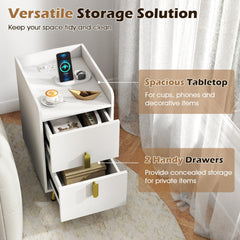 Nightstand Side Table with 2 Drawers and Built In Charging Station, White