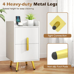 Nightstand Side Table with 2 Drawers and Built In Charging Station, White