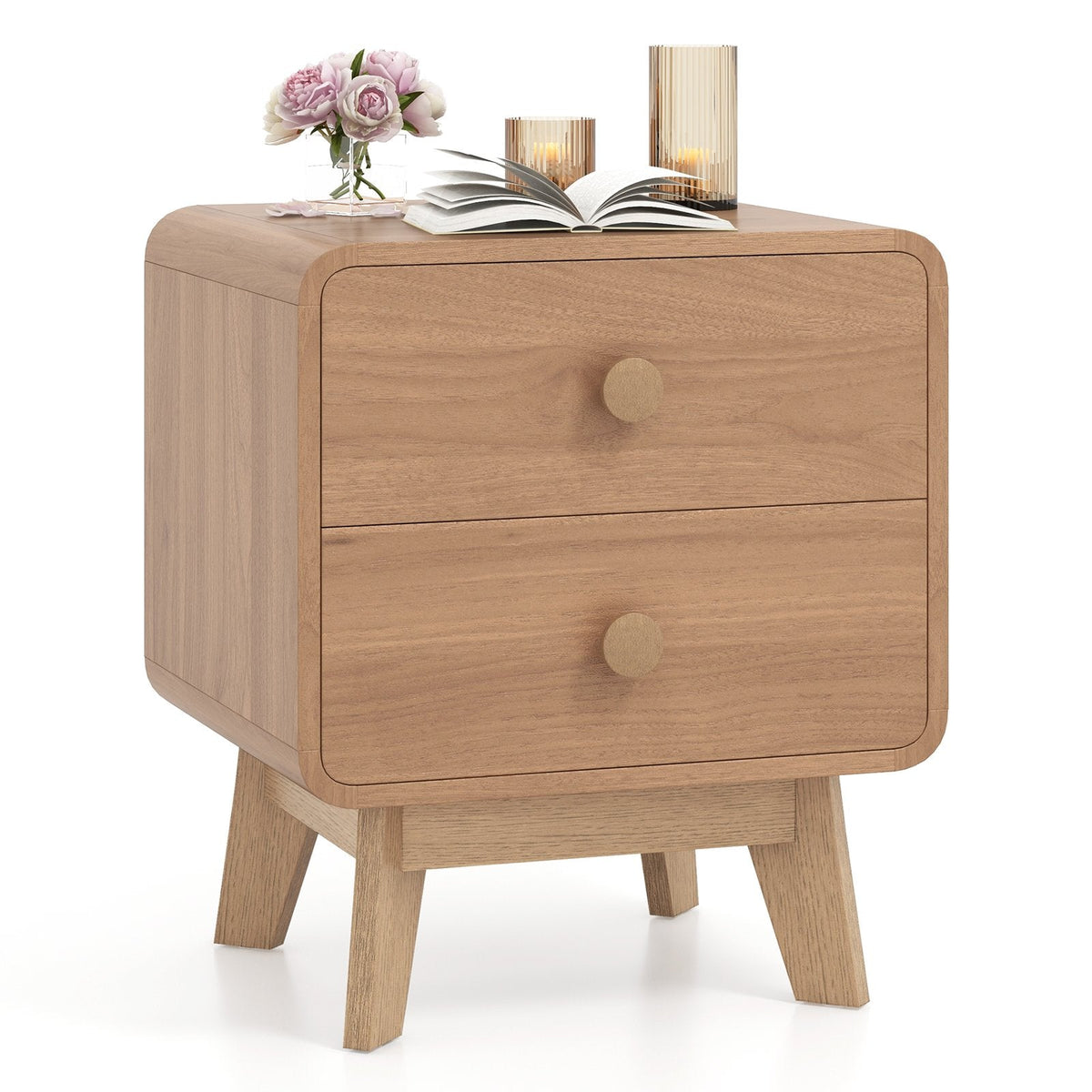 Nightstand with 2 Drawers and Solid Rubber Wood Legs, Brown