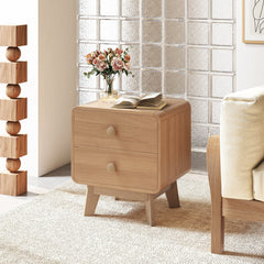 Nightstand with 2 Drawers and Solid Rubber Wood Legs, Brown