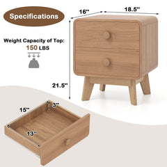 Nightstand with 2 Drawers and Solid Rubber Wood Legs, Brown