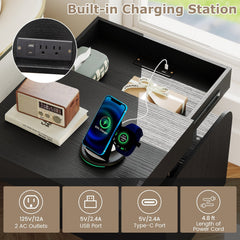 Nightstand with Charging Station Modern Bedside Table for Living Room Bedroom Office-Black